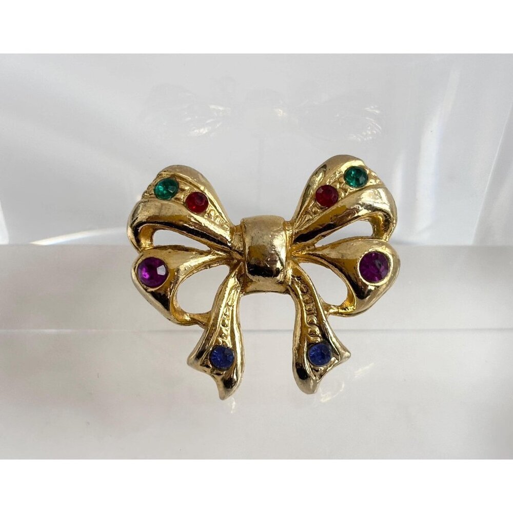 Christmas Bow Rhinestoned Gold Toned Holiday Themed Vintage Jewelry Brooch